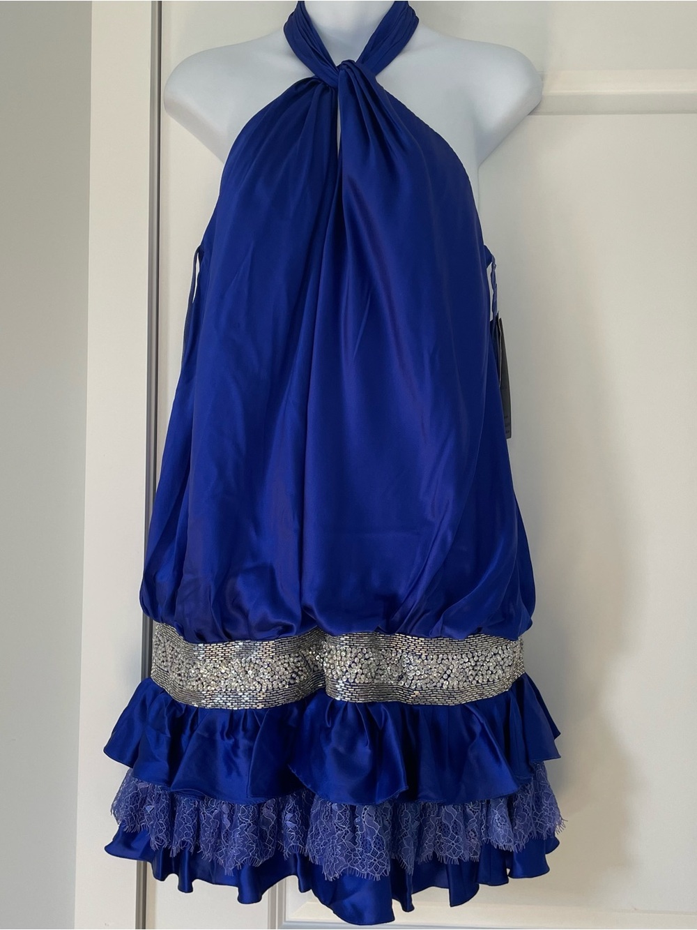 BASIX Black Label 100% Silk Halter Bubble Dress Blue Purple Bead/Sequin - Size 8
